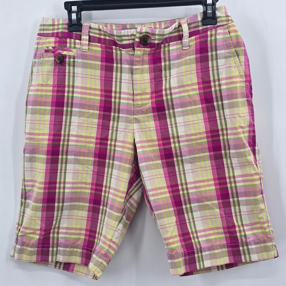 Liz‎ Claiborne Sloane Shorts Womens 8 Pink Green Plaid Bermuda Preppy Cotton